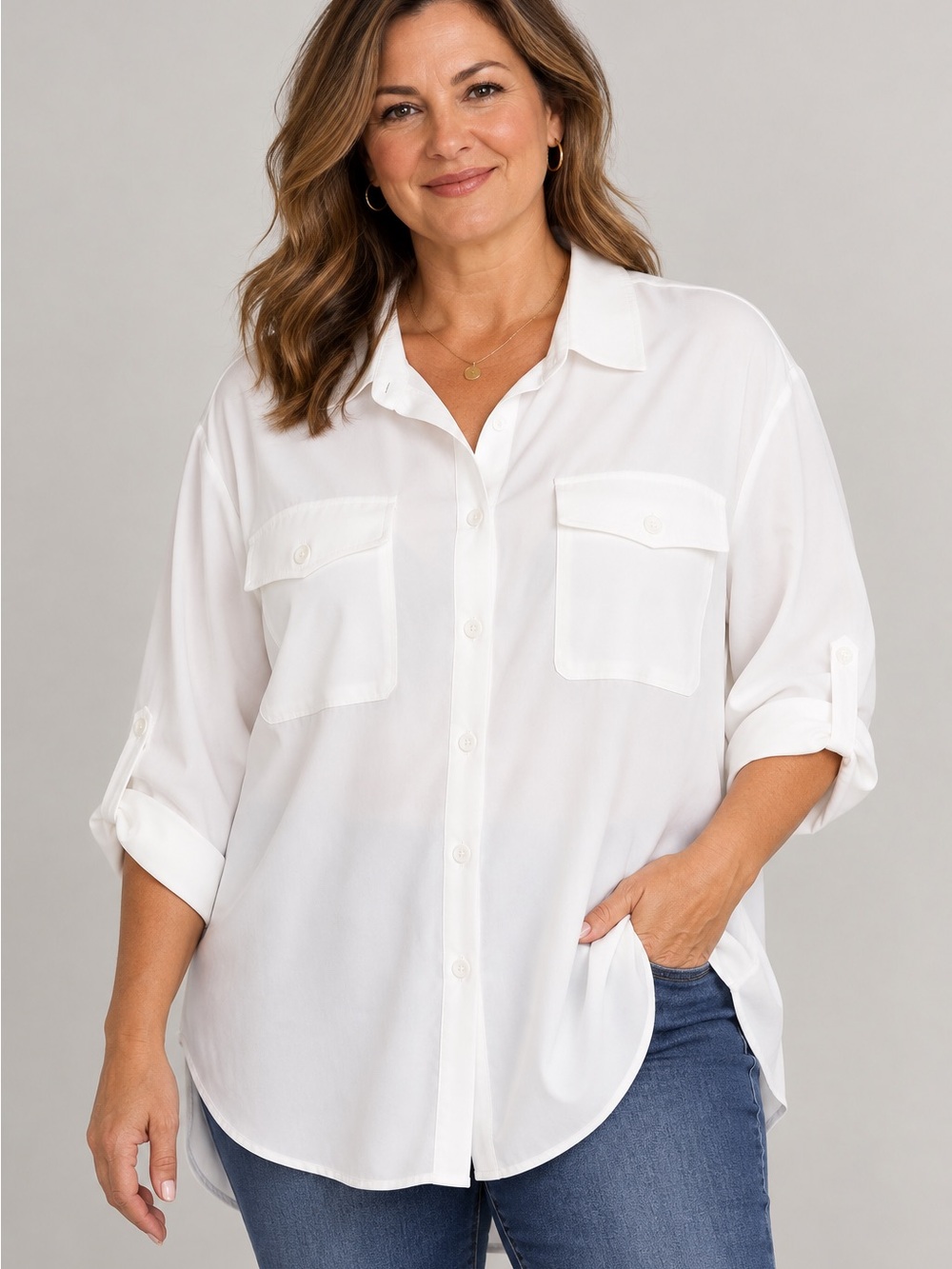Women’s White Button Down Blouse 3XL Roll Tab Sleeves Dual Pockets Oversized